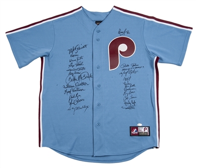 1980 Philadelphia Phillies Team Signed Cooperstown Collection Blue Phillies Jersey (23 Signatures incl Schmidt Carlton and Rose) (JSA)